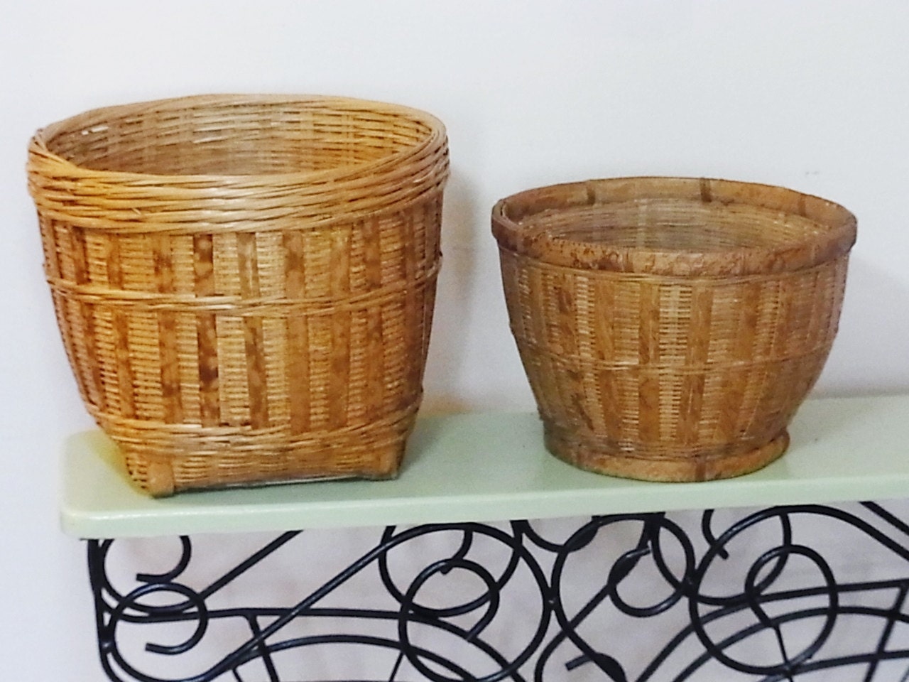 SALE Vintage Bamboo Planters or Plant Baskets Pair