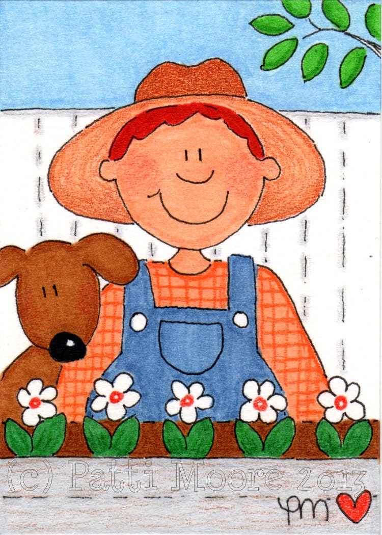 ACEO Original Illustration - Folk Art - Cute Whimsical - 2.5" x 3.5" - Backyard Gardeners