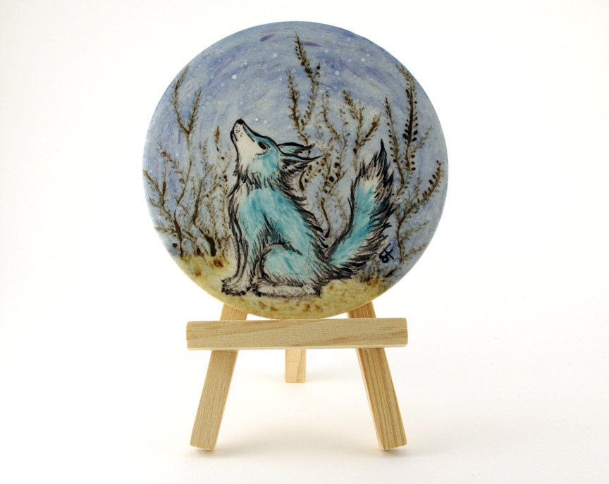 Hand Painted Tile, Ceramic Tile with Turquoise Fox and Snow