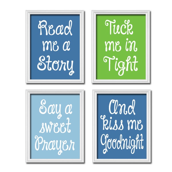 Boy Blue Green Kiss Me Goodnight Quote Crib Nursery Song Print Artwork Set of 4 Prints Wall Decor Art Picture