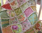 Baby Rag Quilt Crib Size Shabby Modern Chintz Sage Lime Aqua Rose Fresh Cut