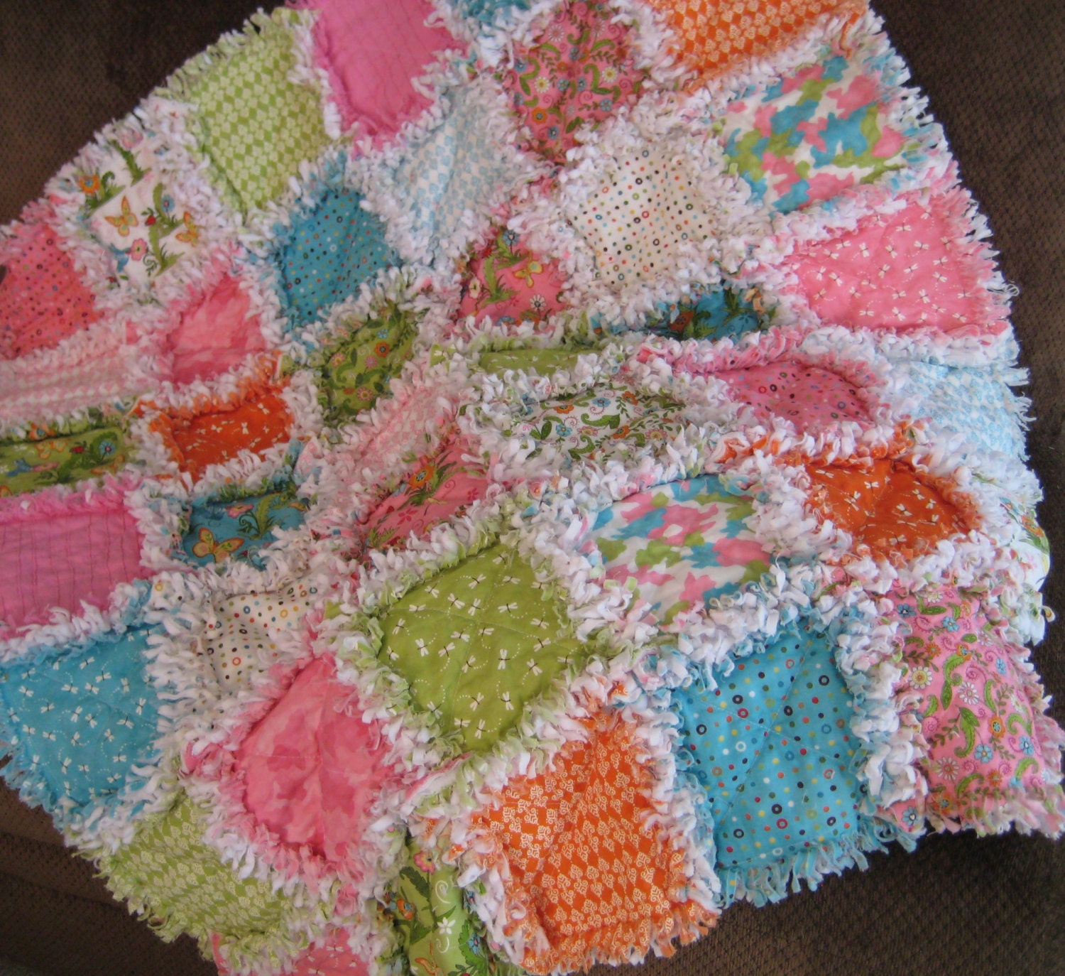Crib Size Baby Rag Quilt Blanket - Meadow Friends by Deb Strain - Pink, Orange, Lime, Aqua