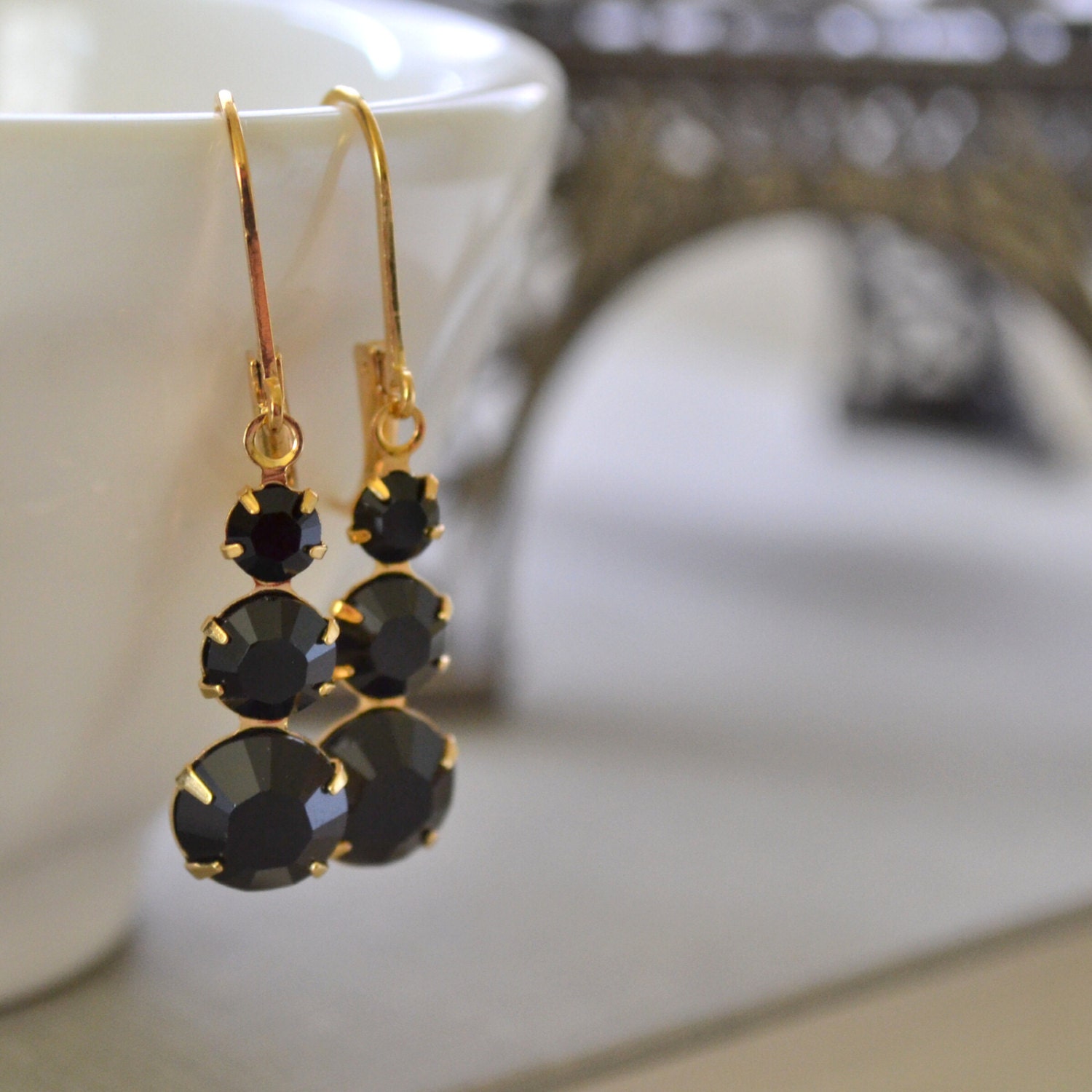 Black Swarovski Earrings, Chandelier Gold Fill, Crystal Lever Back Earrings, Bridesmaids Earrings