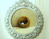 bird nest painting with vintage frame Treasury Item pussy willow egg original art FREE usa shipping