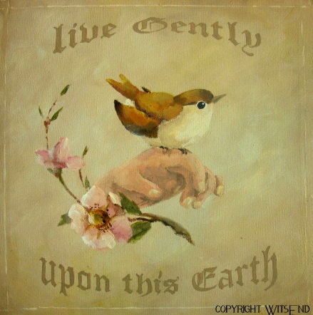 Bird Motto painting original ooak canvas victorian style art with pink wild roses FREE usa shipping