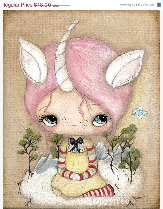 Unicorn Art Print Pink Girl On A Forest Cloud Wall Art---Upon A Cloud