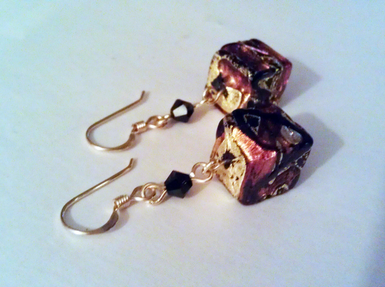 Black and Gold Venetian Glass and Swarovski Crystal Earrings