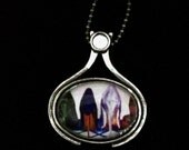 stiletto's high heels antique silver Oval glass pendant art blue red green white copper