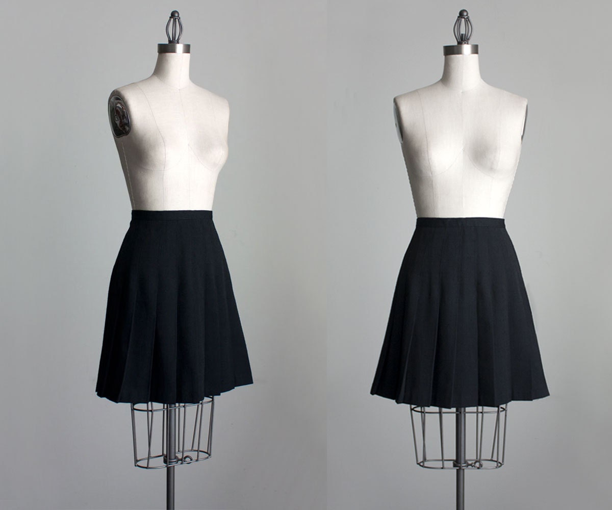 Black Pleated Skirt 1990s Vintage Black Wool Pleated Full Skirt