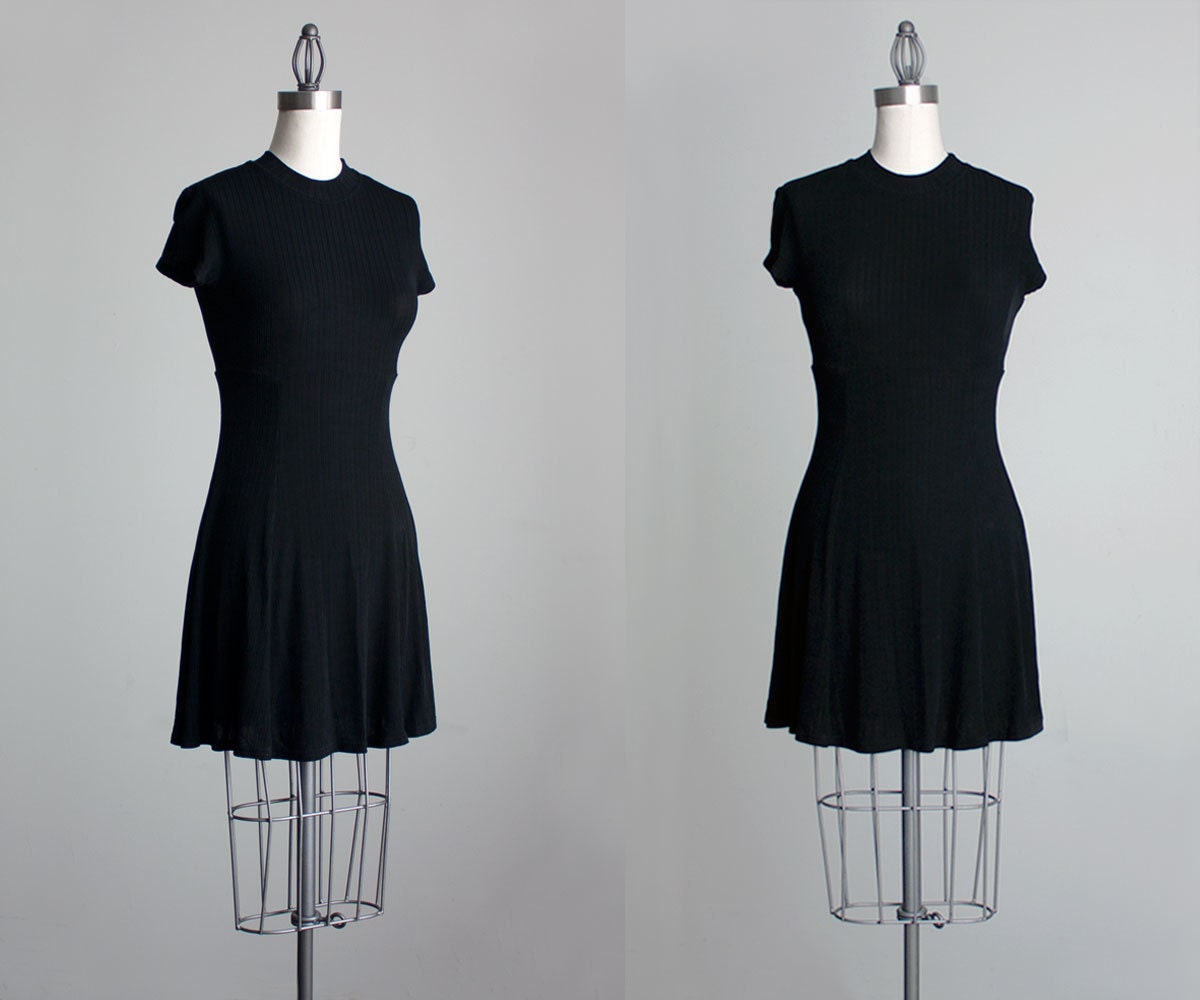 Black Mini Dress 1990s Vintage Black Ribbed Stretch Spandex  Mini Dress