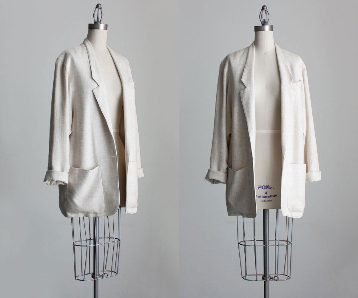 Linen Blazer Coat 1990s Vintage Soft Linen Oversized Slouchy Blazer Coat