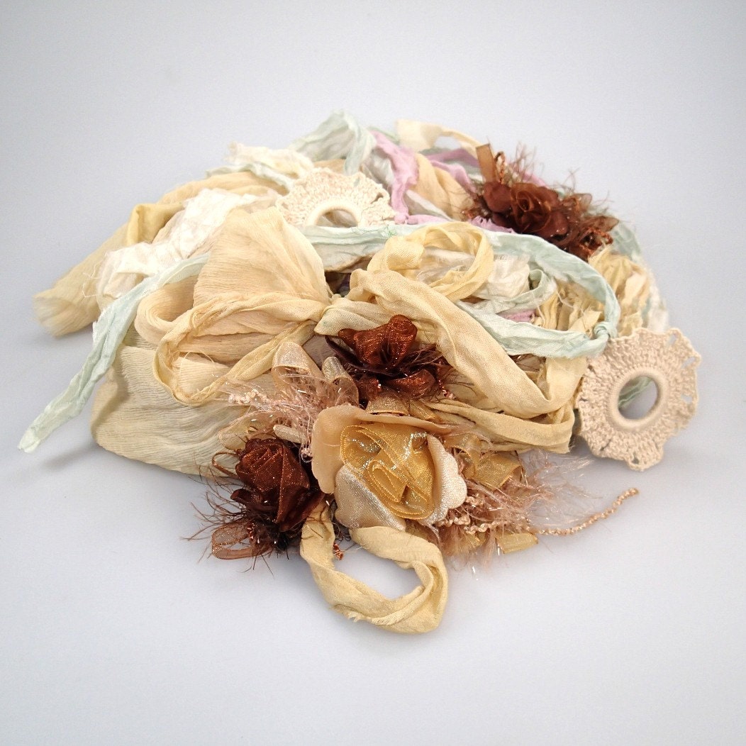 Crinkled Chiffon Silk Sari Ribbon scarf in Vintage Ecru