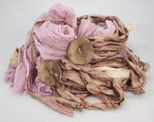 Crinkled Chiffon Silk Sari Ribbon scarf in Petal Pink and Chocolate