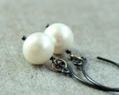 White Pearl Earrings -   Mixed Metals  -   Oxidized  -  Handmade Jewelry   - Birthstone Earrings  -  Freshwater Pearl -  Sterling Silver