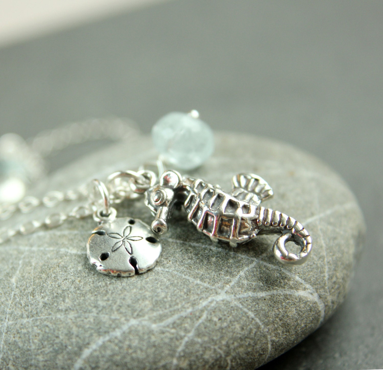 Charm Necklace -  Seahorse - Sanddollar -  Aquamarine -  Sterling Silver -  Silver Necklace -  Summer  -  Blue