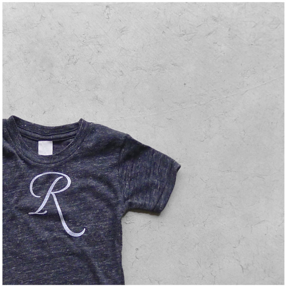 Custom monogram children's tshirt - hand-printed initial in white ink on eco black crew neck tees - personalized gift for kids