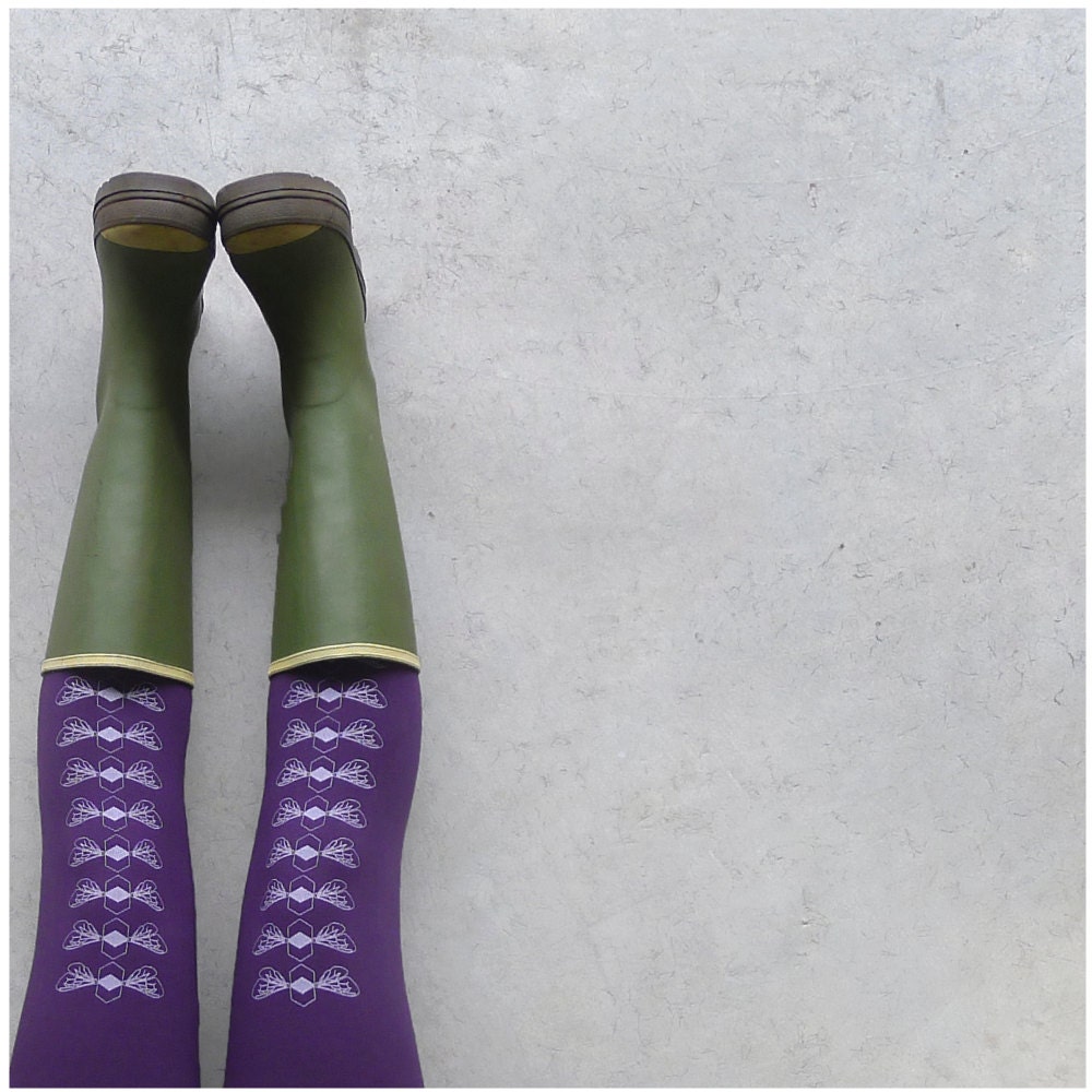 The Bees Knees Leggings - high waisted womens leggings - honey bee print on violet jersey spandex