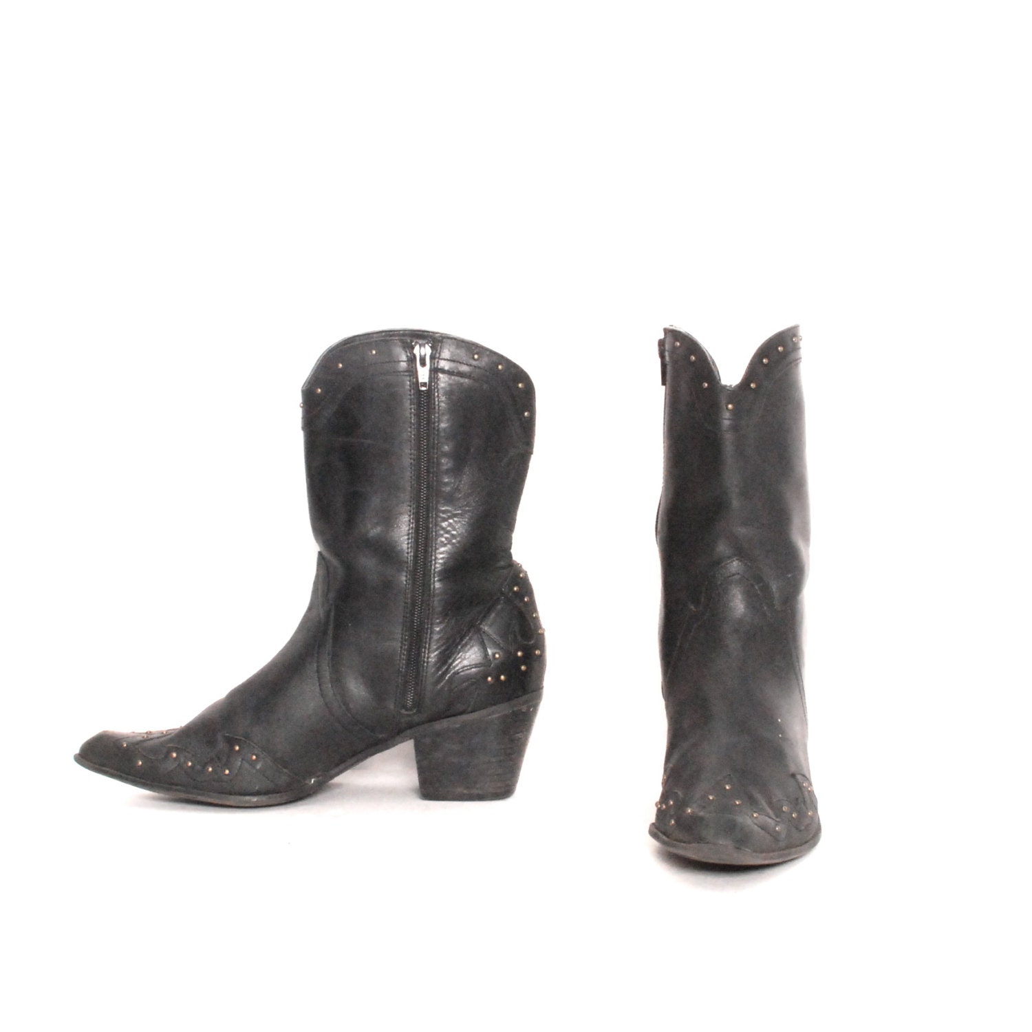 size 10 SOUTHWEST black leather 80s STUDS goth biker COWBOY ankle boots