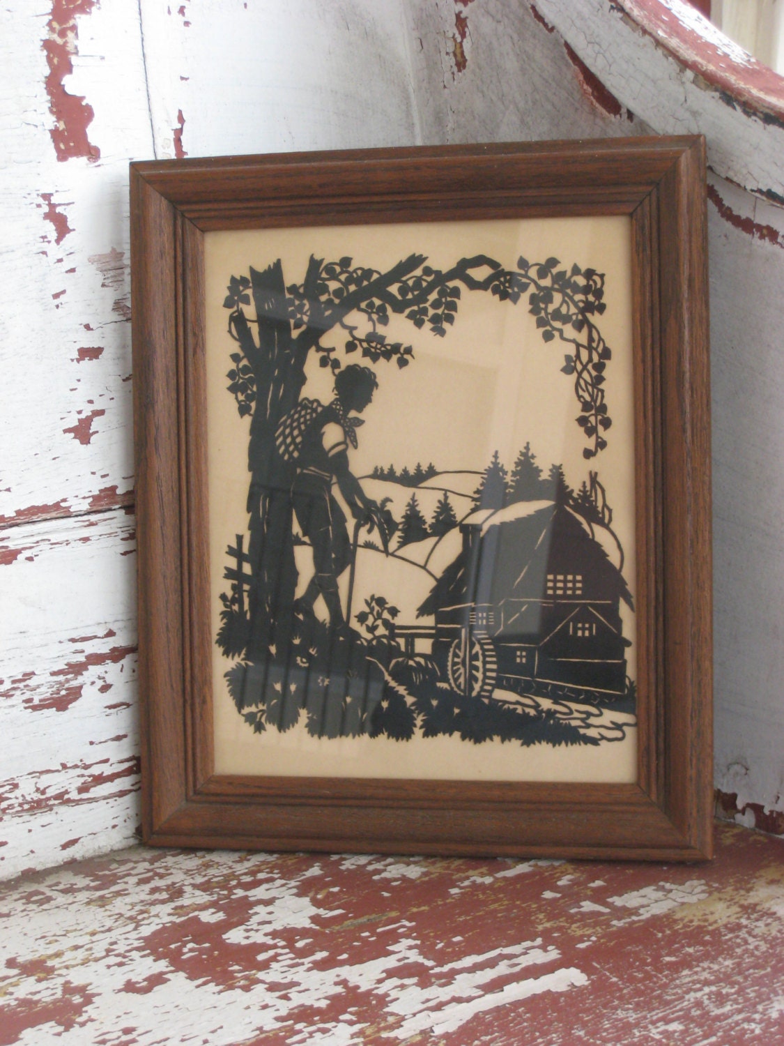 Vintage Hand Cut Silhoutte Framed German Boy in Mountains with Lederhosen (4085-W)