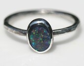Rustic Blue Opal Ring Oxidized Fine Silver Australian Opal Small US Size 5 .5 Handmade by Maggie McMane Designs