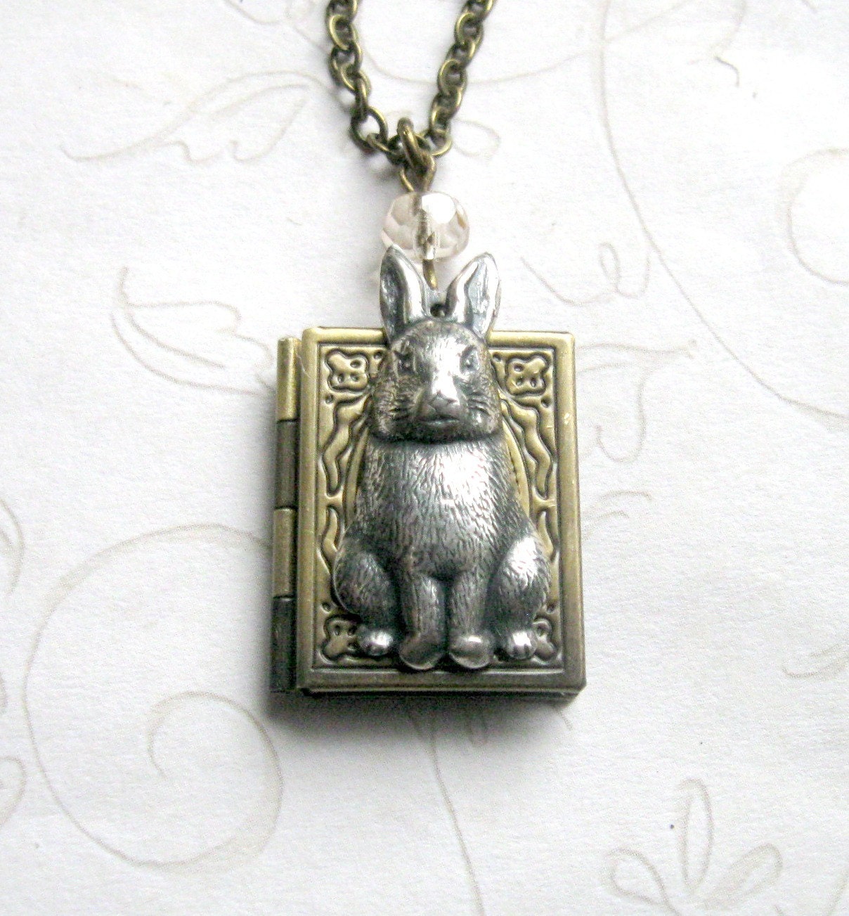 Bunny Rabbit Locket necklace, book locket - keepsake jewelry - Spring necklace