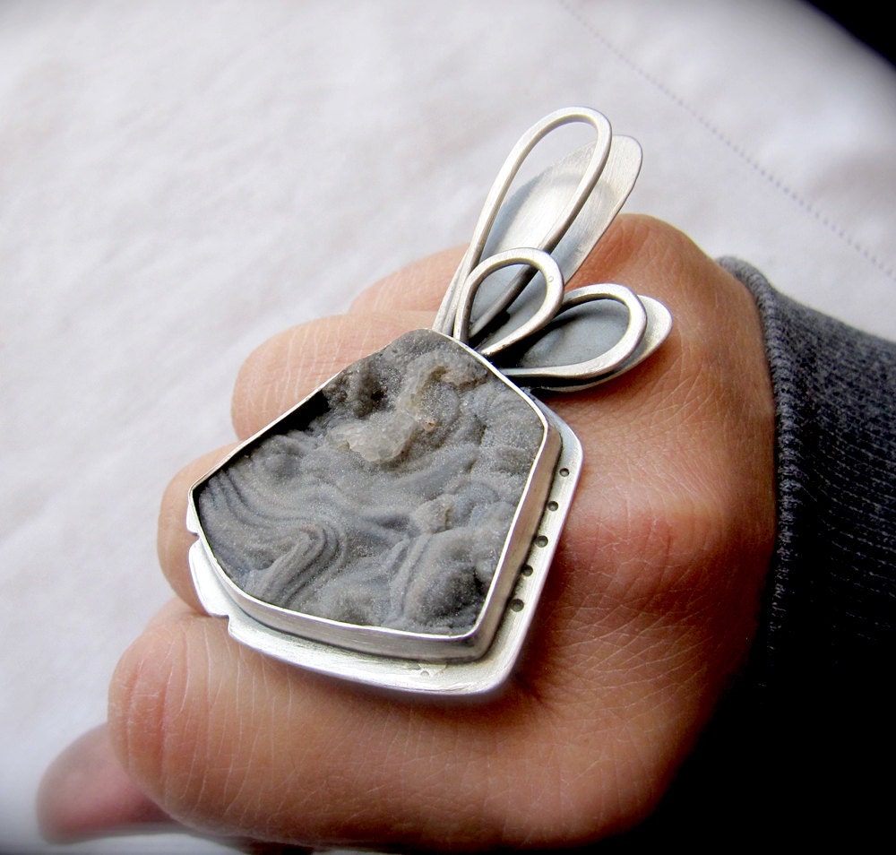 Desert Druzy Ring - Sterling Silver and Desert Druzy Stone Cabochon Statement Ring - Cocktail Ring