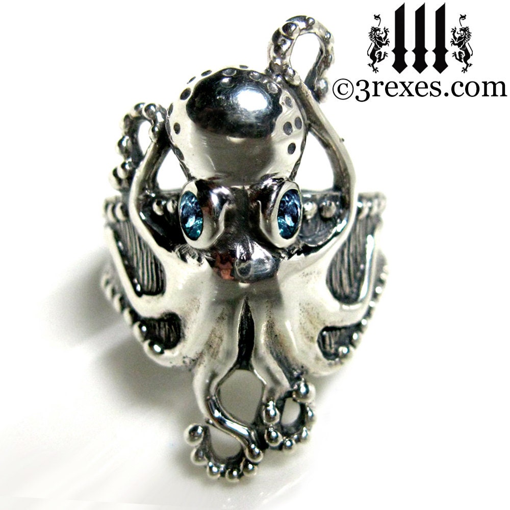 Octopus Ring Blue Topaz Stone Eyes Sterling Silver Size 8