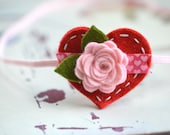 Valentines Day Heart Headband With Felt Flower in  Soft Pink - with SWIRL RIBBON See Photos 3-5 for Swirl Ribbon