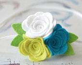 Spring Girls Flower Headband - Large Rose Trio - Lemon Lime, White  and Bright Turquoise - Wool Blend Felt Flowers