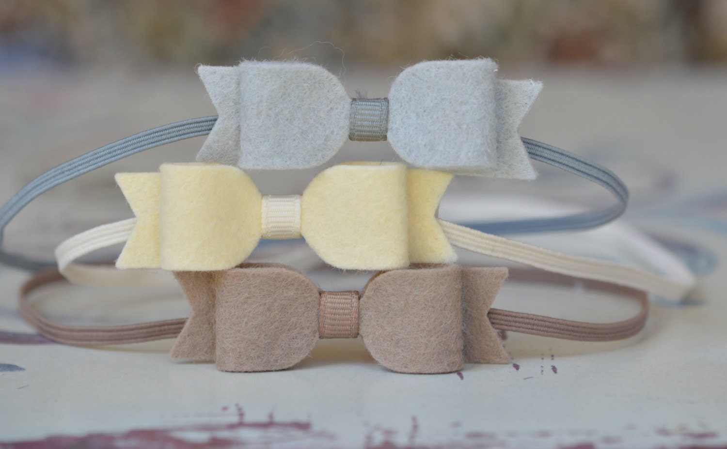 Felt Bow Headband Set Tiny Bows In Cream, Latte and Silver Grey
