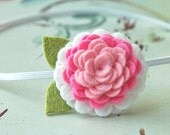 Felt Flower Headband .  Button Flower .  Elastic Headband With Wool Blend Felt  Flower In Soft Pink and White