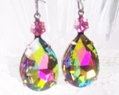 Pink Vitrail Volcano Rhinestone earrings, set in antiqued brass