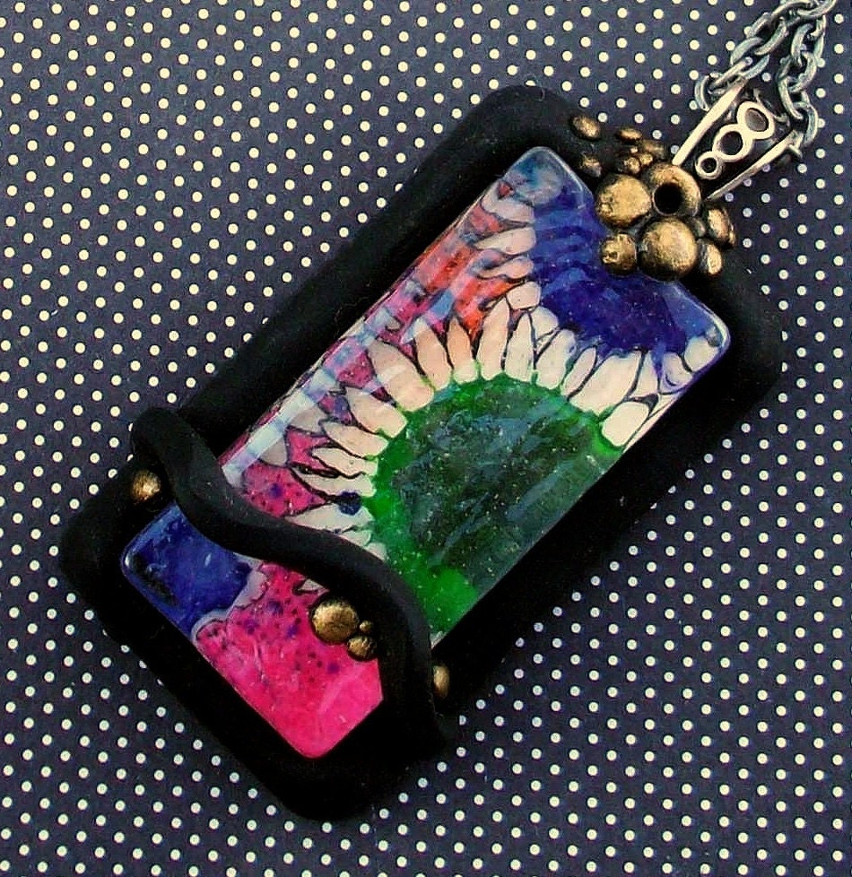 Necklace Polymer Clay and Orignal Art under Glass Wearable Art Jewelry