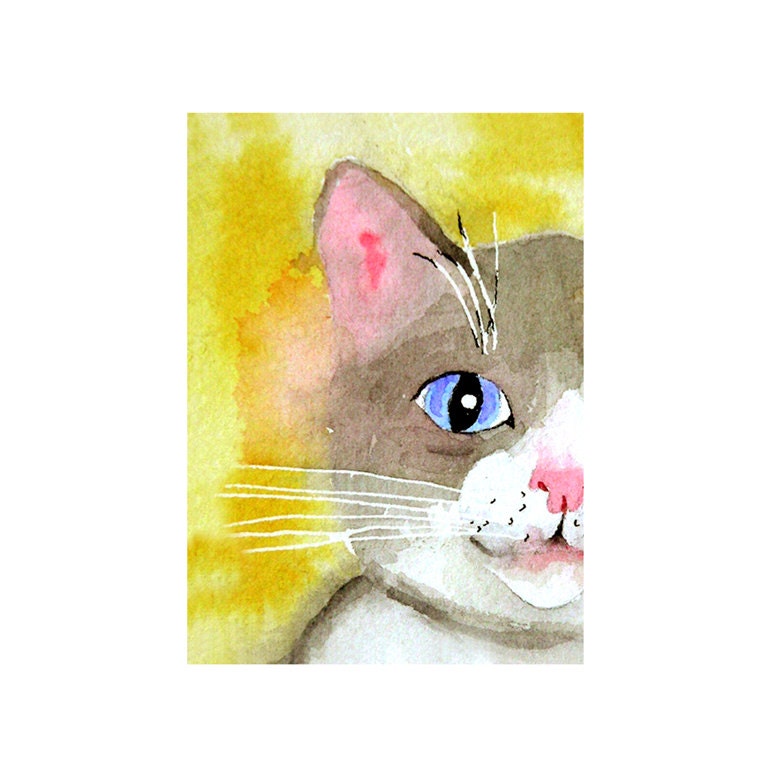Cat Art - Watercolor Painting Print - Cat Painting, Animal Art - Nursery, Dorm, Apartment - Blue Eyes, Kids, Women,- Yellow Gray 5 x 7