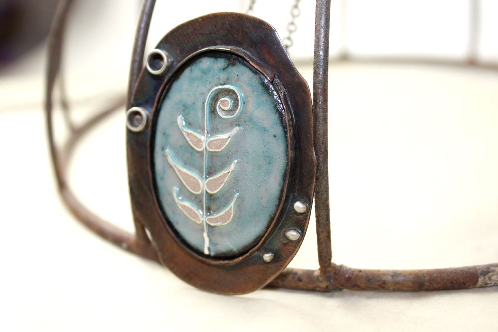 Oxidized Copper Statement Necklace Enamel CloisonnÃ© Blue Fern Nature Sterling Silver Accents Steampunk Vintage Style - Waterrose
