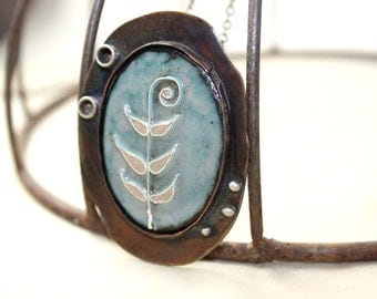 Oxidized Copper Statement Necklace Enamel Cloisonné Blue Fern Nature Sterling Silver Accents Steampunk Vintage Style