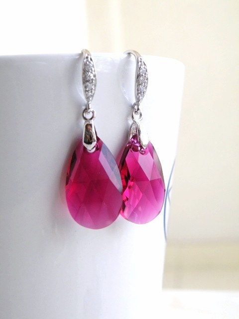 Hot Pink Fuchsia Swarovski Crystal Teardrop Sterling Silver CZ Dangle Earrings Wedding Jewelry Bridesmaids Jewelry