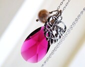 Hot Pink Fuchsia Swarovski Crystal Teardrop Sterling Silver LOVE Pearl Necklace Wedding Jewelry Bridesmaids Jewelry