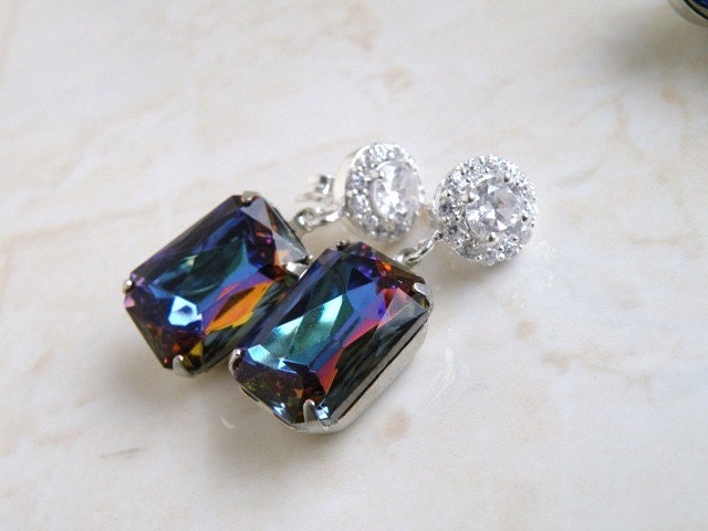 Bridal Earrings Blue Purple Foiled Octagon Stone Rhinestone CZ Halo Silver Stud Estate Style Wedding Jewelry Valentines