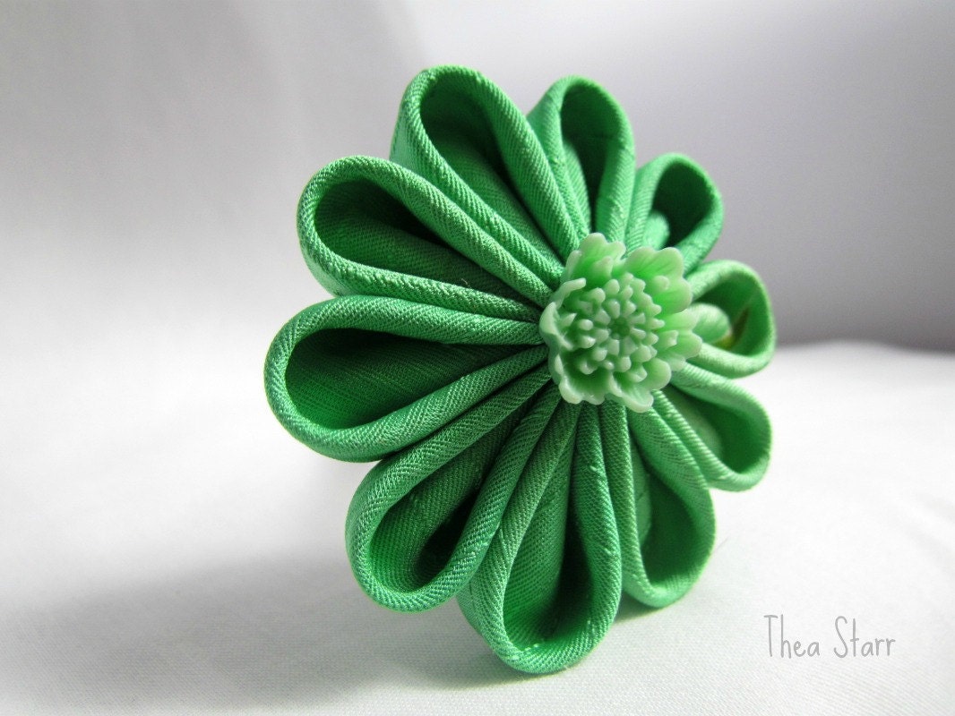 Minty Green Kanzashi Fabric Flower Hair Stick
