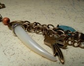 Antiqued Bronze Necklace, Turquoise Drop Pendant, Bronze Dove Dangle, Bohemian Long Necklace, Rustic Long Necklace