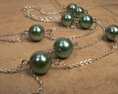 Green Pearl Multi Strand Necklace, Silver Olive Green Pearl Necklace, Lightweight Modern Necklace