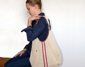 Magenta Stripe - Antique Linen and Leather Bag
