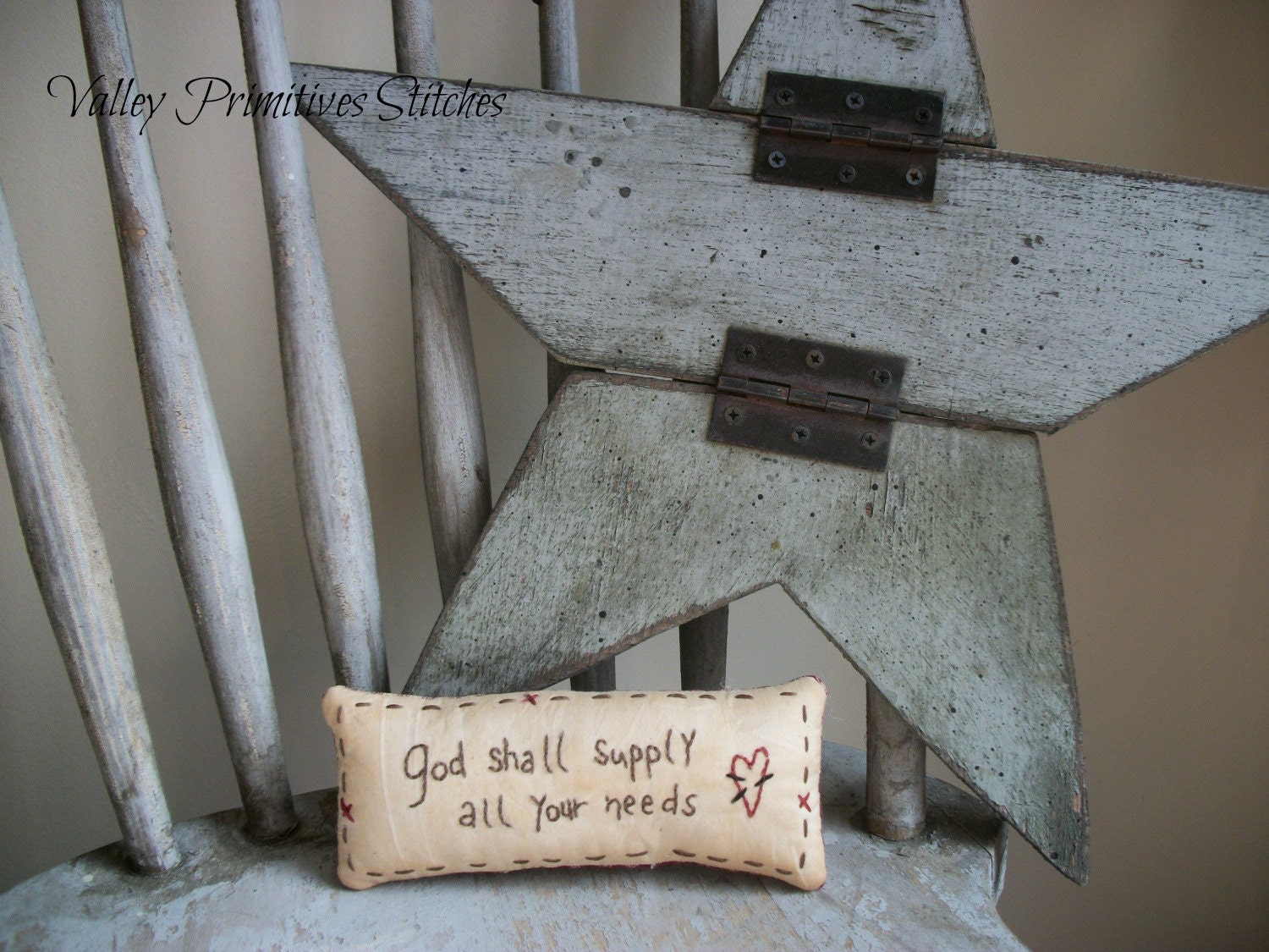Primitive, Hand Stitched, Pillow, Tuck, God Shall Supply All Your Needs, Christian,Ornie