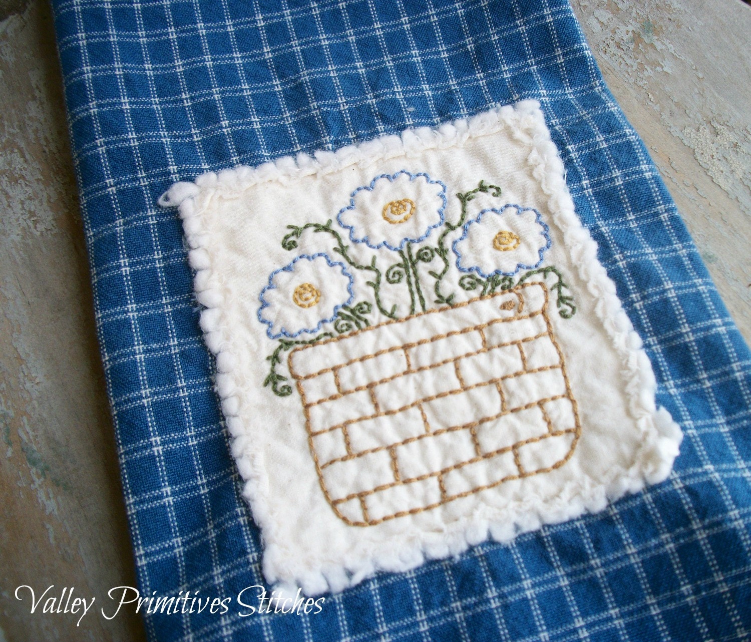 Spring,Summer,Flowers, Hand Stitched, Kitchen Towel, Blue
