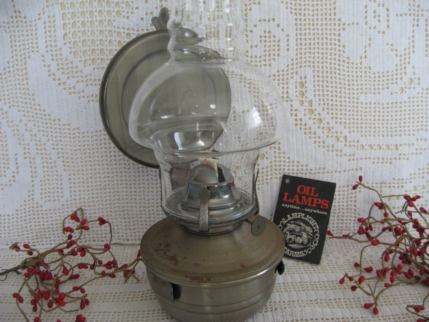 Vintage Metal and Glass Oil Lamp in original box, Primitive, Industrial Chic Decor, NOS oil Lamp, Man den Man cave Shabby Chic
