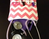 PINK chevron NURSE PURSE medical case, stethoscope and bp cuff - shown in pink and white (medical pouch, pockets for penlight and tools)