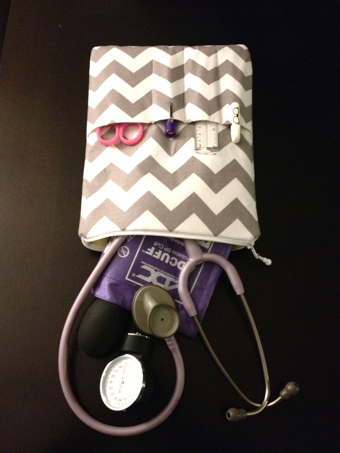 chevron NURSE PURSE medical case, stethoscope bag & BP cuff - shown in gray/white w/ yellow (medical pouch, pockets for penlight and tools)