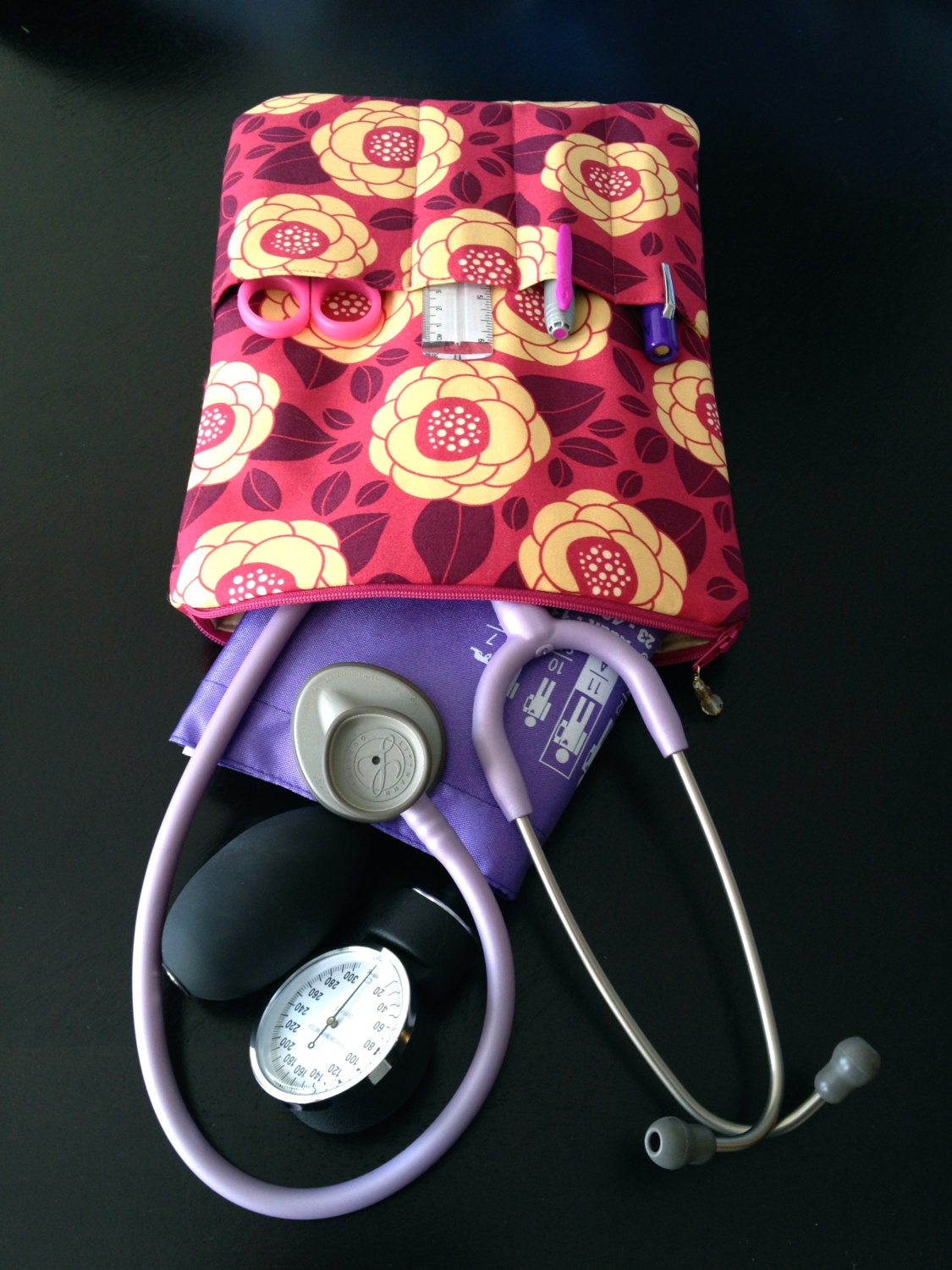 NURSE PURSE medical case, stethoscope bag & BP cuff - shown in joel dewberry bloom w/ yellow (medical pouch, pockets for penlight and tools)