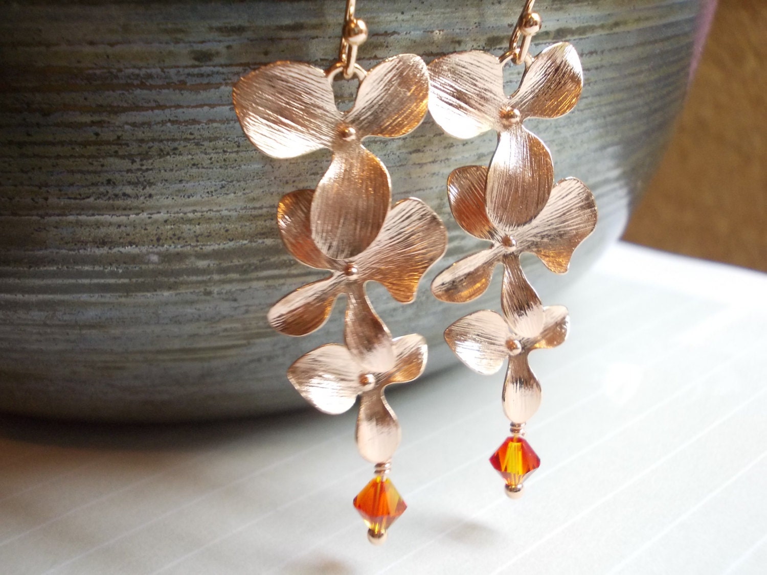 Long earrings orchid flowers crystal rose gold dangle drop earrings nature inspired women bridesmaids gift pink plated wedding bridal luxe
